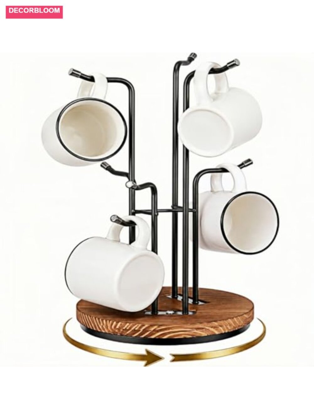360° Rotating 8 Hook Mug Tree Wood Metal Rustic Countertop